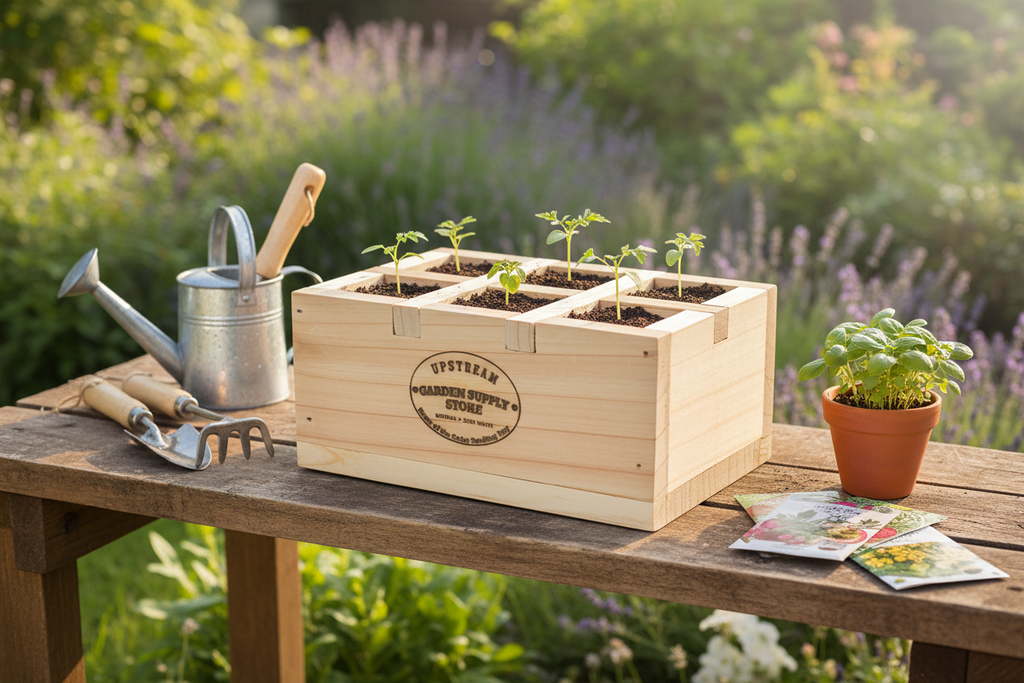 6-Cell Cedar Seedling Tray & Planter in garden setting
