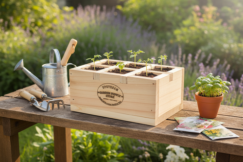 6-Cell Cedar Seedling Tray & Planter in garden setting