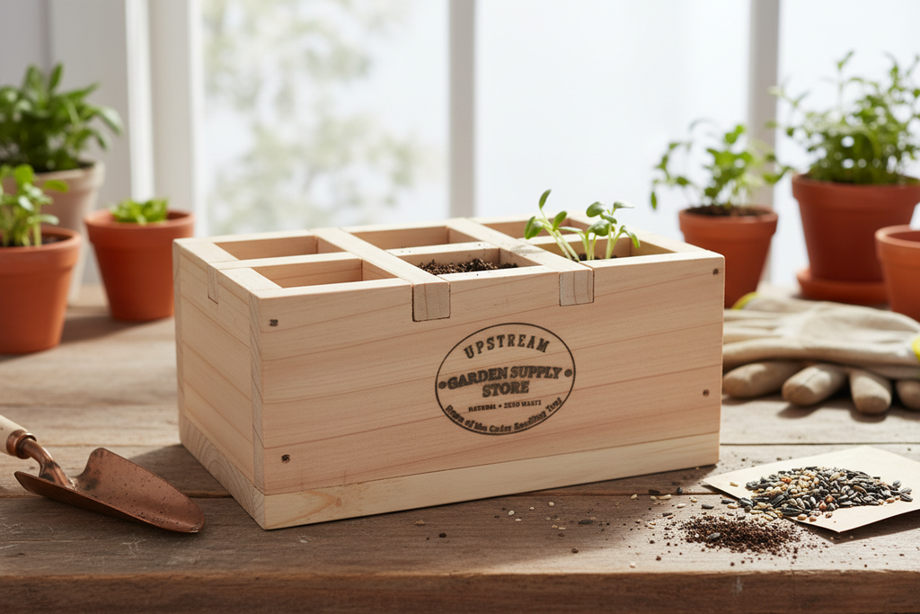6-Cell Cedar Seedling Tray & Planter with drainage holes