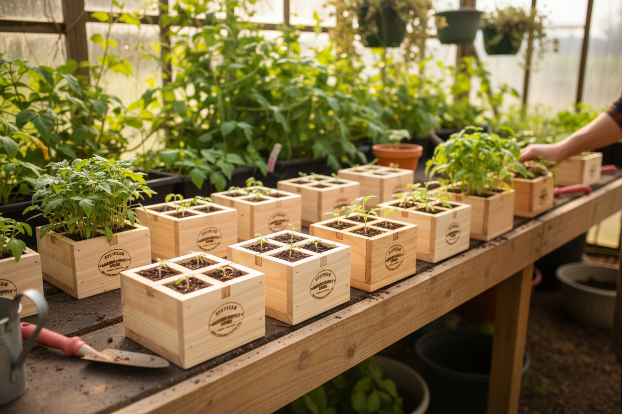 Multiple 4-Cell Cedar Seedling Trays in greenhouse